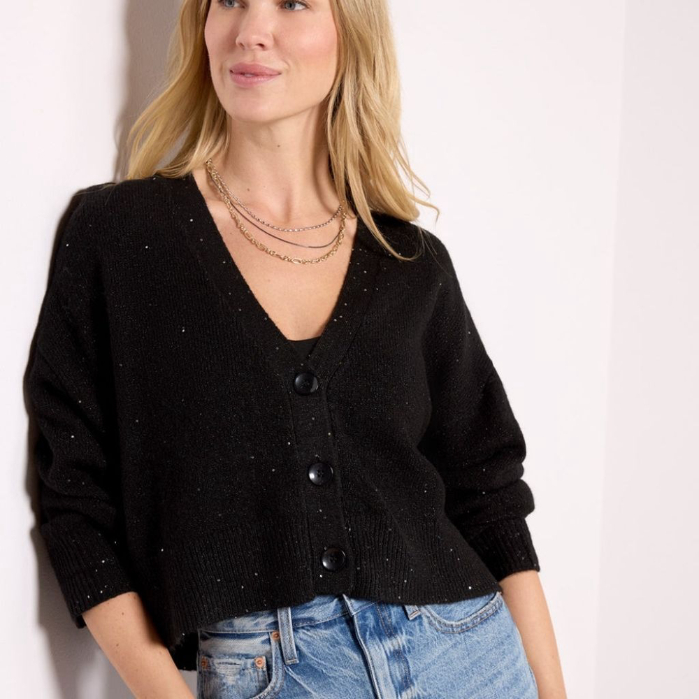 LNA Kiya Sparkle cardigan sweater black silver sequins metallic women medium New
